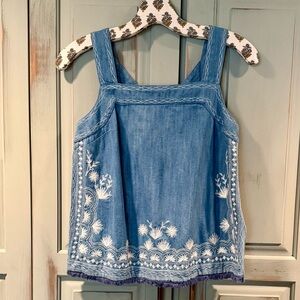 Anthropologie Chambray Embroidered Tank Top